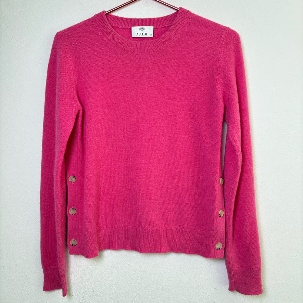 ALLUDE 100% Cashmere Crew Neck Sweater Side Buttons Fuchsia Magenta Preppy XS